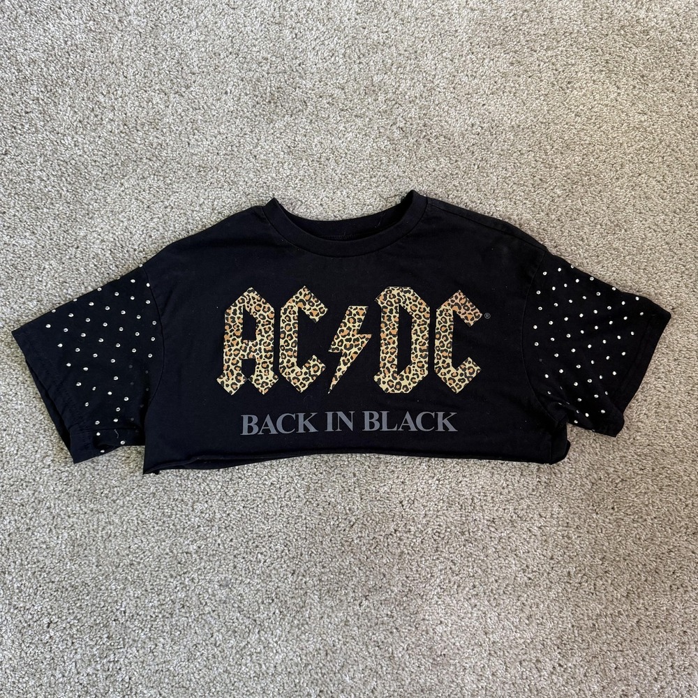 AC/DC Shirt Womens Medium Black Back In Black Leopard Studded Crop Tee T-Shirt